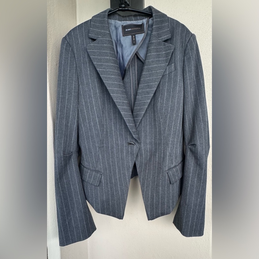 BCBGMaxazria Women Long Sleeve Hi/Low Heather Gray Pinstripe Blazer Lined Medium